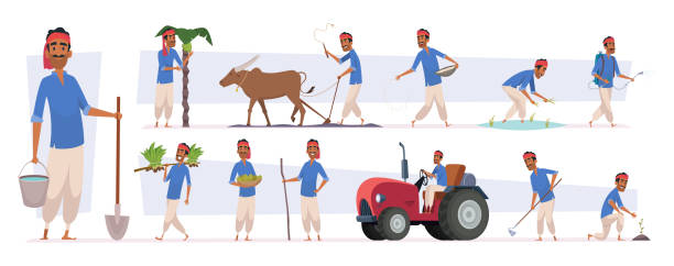 indischer bauer. dorf ländlicher charakterarbeiter in der natur exakter vektor indische menschen ernten im cartoon-stil - farmer stock-grafiken, -clipart, -cartoons und -symbole