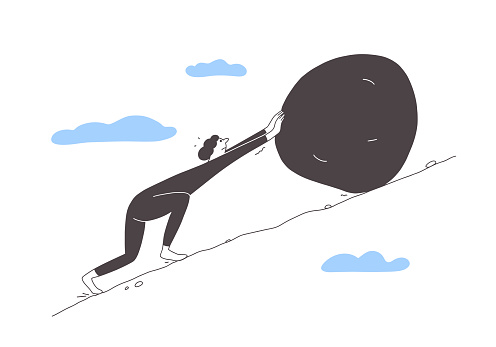 Cartoon character pushing big stone up hill. Duty concept, burden, struggle or effort. Man or woman in mountain pull heavy rock. Debt, hard work, hardship vector illustration. Person rolls huge stone