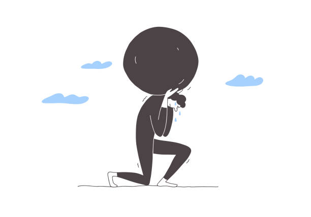 vector illustration of unhappy tired cartoon character holding huge stone on shoulders - over burdened 幅插畫檔、美工圖案、卡通及圖標