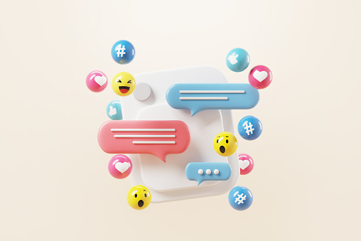 Photo frame with social network Icons, abstract trendy design for social media advertising. 3d render.