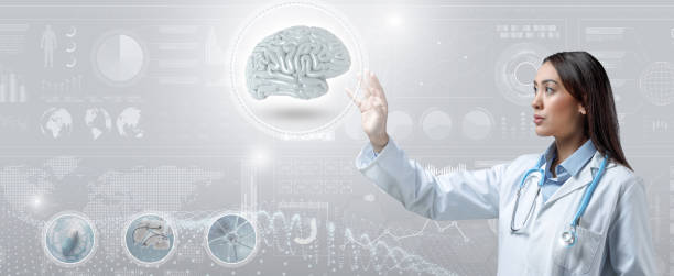 istock Female doctor examines a brain hologram 1363977411