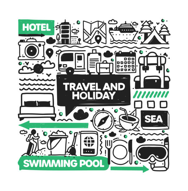 Travel and Holiday object and elements. Vector doodle illustration collection. Hand drawn icon set or banner template Travel and Holiday object and elements. Vector doodle illustration collection. Hand drawn icon set or banner template cruise ship cruise passport map stock illustrations