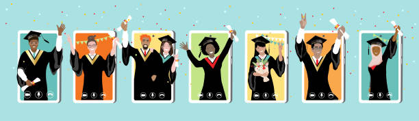 Graduation virtual meeting at phone screens Online graduation ceremony, happy smiling graduate students with diploma, graduate hat stand at phone screens. Diverse young people remote virtual celebration meeting during quarantine vector banner bachelor's degree stock illustrations