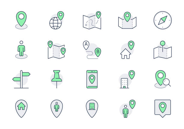 stockillustraties, clipart, cartoons en iconen met location line icons. vector illustration include icon - gps, paper map, globe, information sign, compass, smartphone, work, job outline pictogram for navigation. green color, editable stroke - locatiekaart