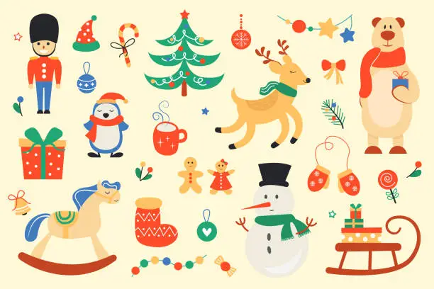 Vector illustration of Set of Christmas elements and cute animals. Vector illustration.