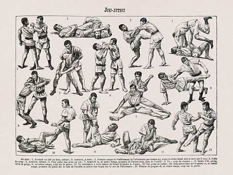 Illustration printed in a late 19th century french dictionary depicting some moves of the Japanese martial art of Jiu-jitsu.