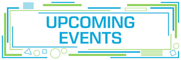Upcoming Events Lines Squares Shapes Horizontal Green Blue Upcoming events text written over green blue background. upcoming events stock illustrations