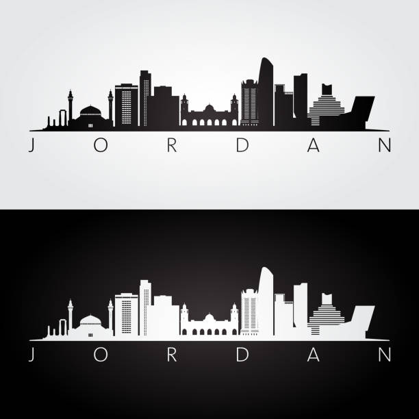 panoramę jordanii i sylwetkę punktów orientacyjnych, czarno-biały design, ilustrację wektorową. - petra stock illustrations