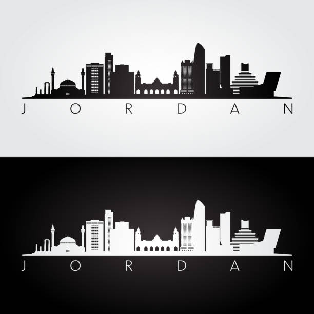 ilustrações de stock, clip art, desenhos animados e ícones de jordan skyline and landmarks silhouette, black and white design, vector illustration. - petra