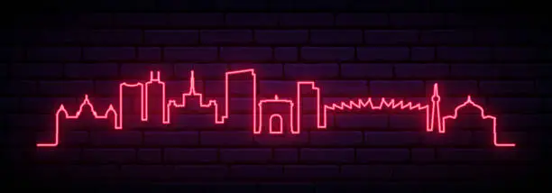 Vector illustration of Red neon skyline of Bucharest. Bright Bucharest City long banner. Vector illustration.