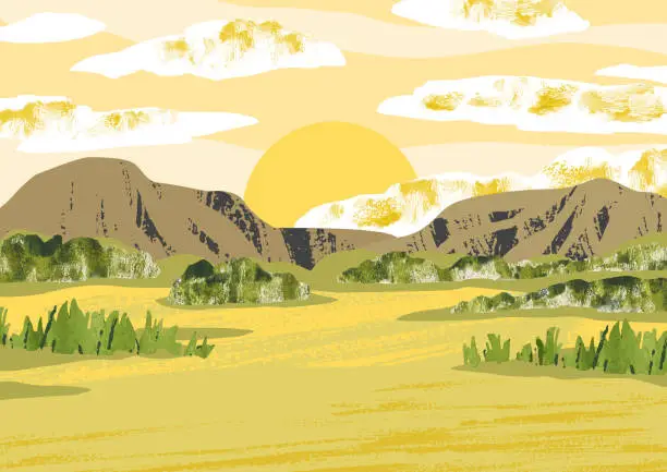 Vector illustration of Africa. Savanna landscape with sunset. Bright nature hand draw vector Illustration with mountain, trees, bushes, clouds and sun. Collage with watercolor texture