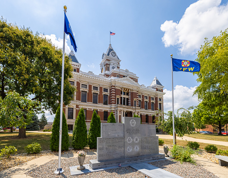 Franklin, Indiana, USA - August 20, 2021: The Johnson County Courthouse and it is War Memorial