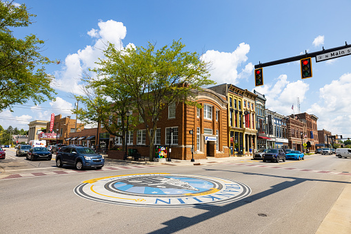 Franklin, Indiana, USA - August 20, 2021: The business district on Jefferson Street