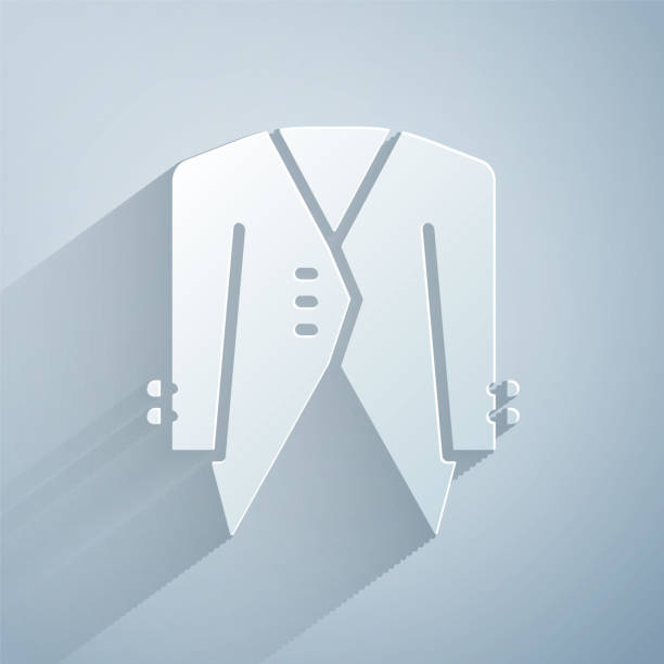 istock Paper cut Suit icon isolated on grey background. Tuxedo. Wedding suits with necktie. Paper art style. Vector 1363983849