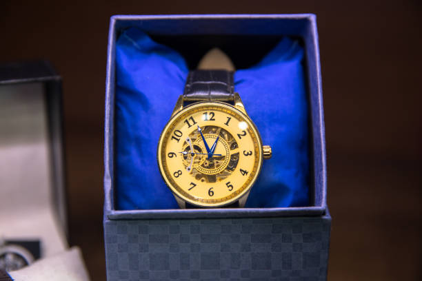 istock Stylish wrist watch on dark table 1363984151