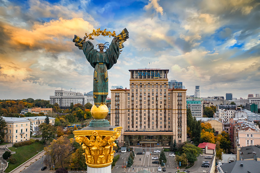 Kyiv, Ukraine - October 6, 2021: Independence Monument in Kyiv. View from drone