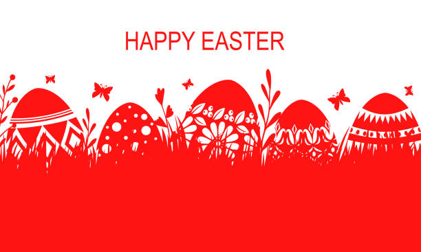 ilustrações de stock, clip art, desenhos animados e ícones de easter banner with eggs on the lawn - easter eggs red