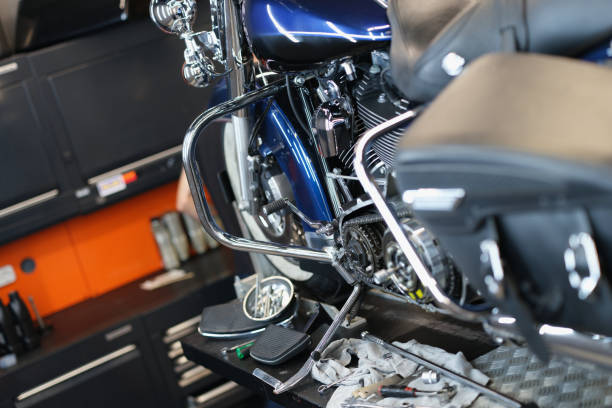 istock Motorcycle and parts in the garage kitchen, blurry 1363985066