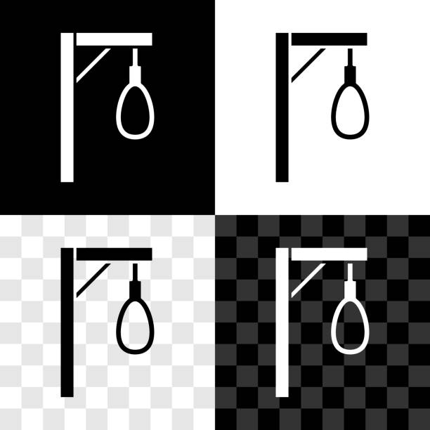Set Gallows rope loop hanging icon isolated on black and white, transparent background. Rope tied into noose. Suicide, hanging or lynching. Vector Set Gallows rope loop hanging icon isolated on black and white, transparent background. Rope tied into noose. Suicide, hanging or lynching. Vector. silhouette of the hanging noose stock illustrations