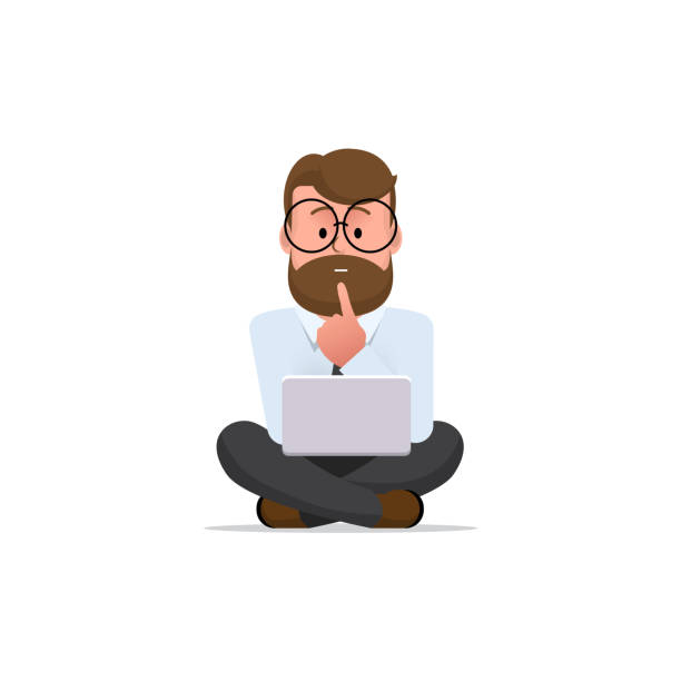 The man. A gesture of pondering or thinking. Man works on a laptop. Male is sitting cross-legged with a gesture of thinking or thinking. Character man with glasses and a beard. Illustration in flat style. Vector man doing household chores stock illustrations