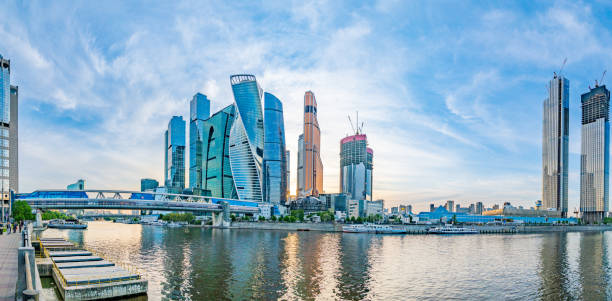 Moscow skyscrapers panorama in sunset. The Moscow International Business Center (Moscow-City) skyscrapers against blue evening sky. moscow city stock pictures, royalty-free photos & images