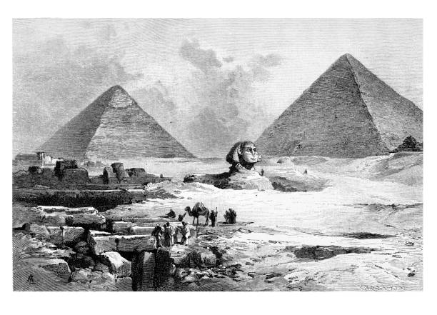 древний египет, плато гиза с пирамидами и великим сфинксом - egypt pyramid cairo camel stock illustrations