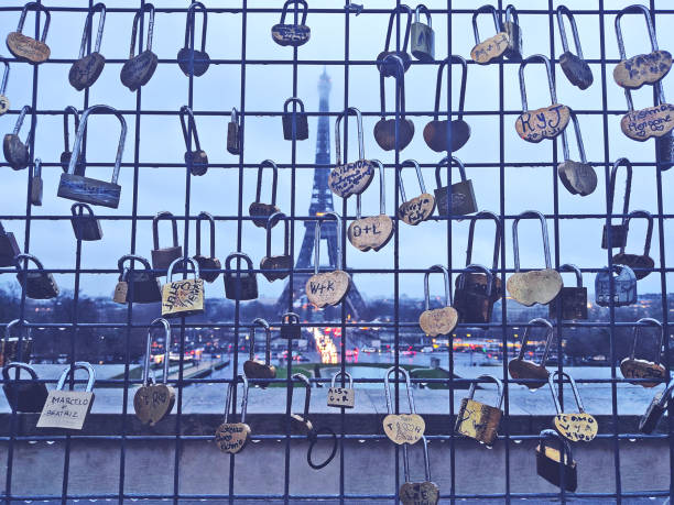 Tour Eiffel view with rain and love padlocks from Trocadéro Rive Droite