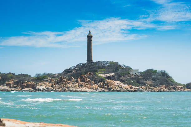 istock Sea nature panoramic view landscape background. Ocean rocky cliffs forested island. Clear blue sky. Lighthouse on mountain top. Signal warn sailors shipwreck, travel concept hope purpose of life 1363989198