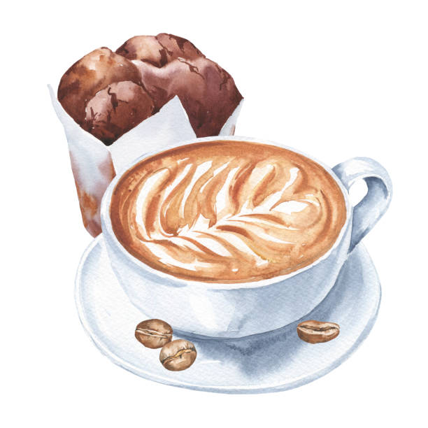 흰색 배경에 커피와 초콜릿 케이크의 수채화 컵. 수채화 음식 일러스트레이션. - 2039 stock illustrations