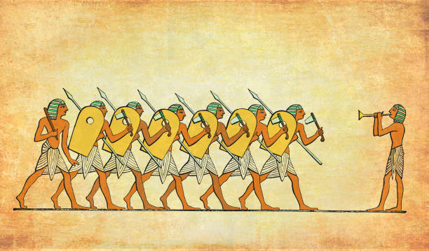 고대 이집트 의상 : 파이프 플레이어에 의해 전투에 소환 전사 - ancient egyptian culture 이미지 stock illustrations