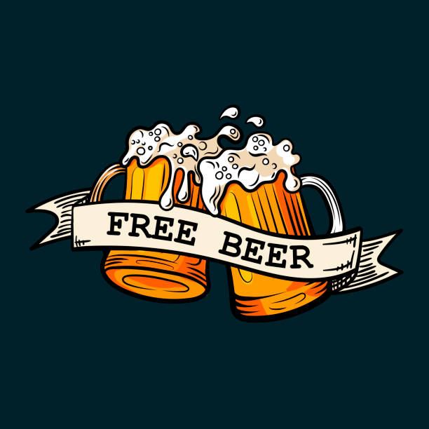 ilustraciones, imágenes clip art, dibujos animados e iconos de stock de plantilla de banner vector free beer, dibujo de estilo vintage, logotipo retro, concepto de promoción, cerveza. - cheering