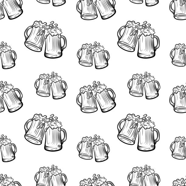 ilustraciones, imágenes clip art, dibujos animados e iconos de stock de patrón vectorial sin costuras, cerveza, tazas de cerveza sobre fondo blanco, negro, plantilla. - beer backgrounds alcohol glass