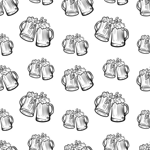 Vector Seamless Pattern, Beer, Beer Mugs on White Background, Black, Template. Vector Seamless Pattern, Beer, Beer Mugs on White Background, Black and White Background Template. background of a cheers beer mugs stock illustrations