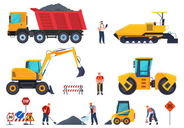 Collection industrial workers with machines road construction vector flat illustration Collection industrial workers with machines road construction vector flat illustration. Set man builder uniform use machinery equipment professional highway building service isolated. City roadwork asphalt stock illustrations