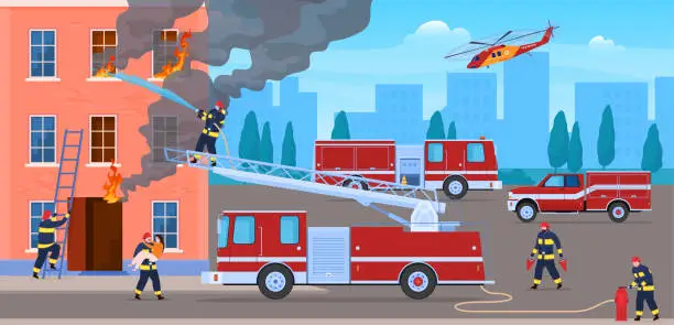 Vector illustration of Brave firefighters extinguishing fire in house vector illustration. Team firemans working together