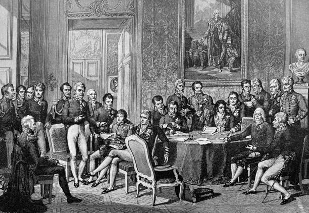 Congress of Vienna, 1814-1815 The Congress of Vienna, which took place from September 18, 1814 to June 9, 1815, reorganized Europe after Napoleon Bonaparte's defeat in the coalition wars. Illustration from 19th century. 1814 stock illustrations