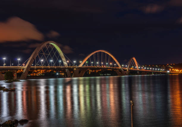 istock Owl on post with illuminated bridge behind in Brasilia 1363994408