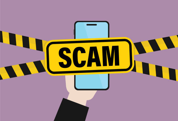 Hand holds a mobile phone with a scam sign Phone spam, Hoax, Scammer, Privacy, Fraud, Alertness hoax stock illustrations