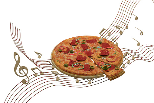 pizza with musical notes isolated on white. 3d rendering