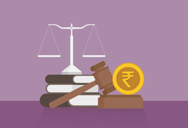 동등한 팔 균형, 책, 배꼽, 테이블 위의 인도 루피 동전 - lawsuit stock illustrations