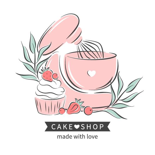 C A K E S H O P 06 Cake shop logo. Planetary stationary dough mixer, cupcake and berries. Vector illustration on white background baked pastry item stock illustrations