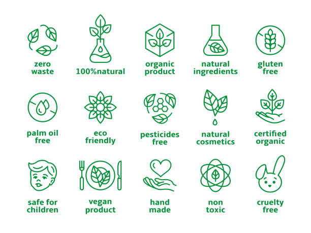 ilustrações, clipart, desenhos animados e ícones de símbolos de cosméticos orgânicos. beauty eco pictogram, ícones veganos. rotule sem conservantes e sem produtos químicos em produtos de maquiagem, crachás de vetores naturais arrumados - dough