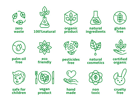 Organic cosmetics symbols. Beauty eco pictogram, vegan icons. Label no preservatives and no chemicals in makeup products, natural tidy vector badges. Illustration of eco organic icons