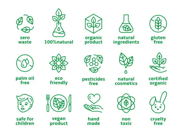 Vector illustration of Organic cosmetics symbols. Beauty eco pictogram, vegan icons. Label no preservatives and no chemicals in makeup products, natural tidy vector badges