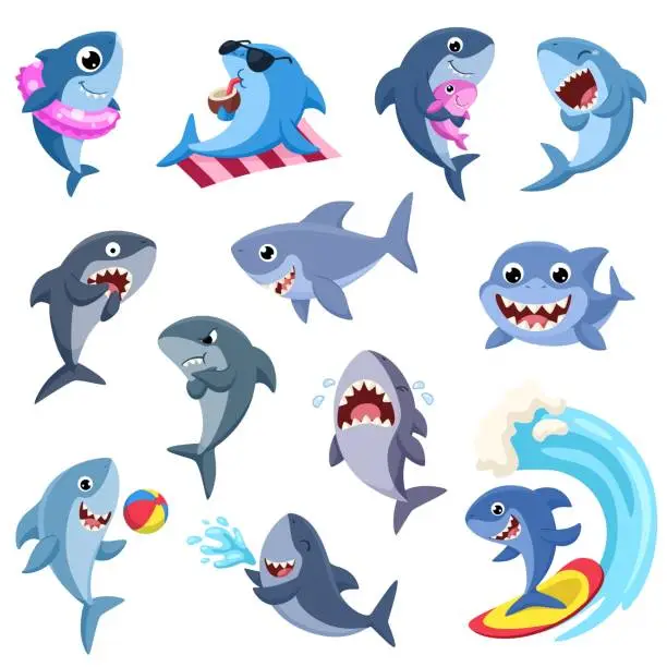 Vector illustration of Cartoon shark. Funny sharks, sea predators. Ocean wildlife characters. Pink and blue fish with baby, smile water animals for kids, garish vector set