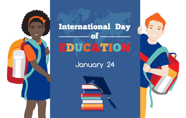 Schoolgirl dark skin and schoolboy holding International Day of Education banner vector art illustration