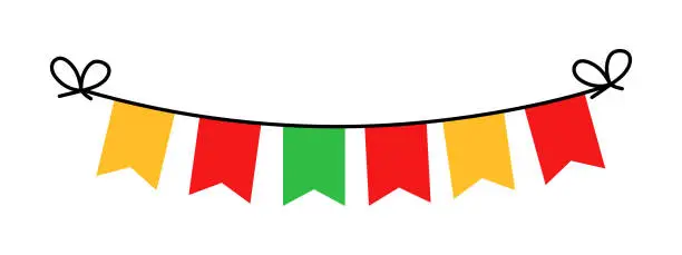 Vector illustration of Party flags garlands set on white background. Holiday design. Holiday background with hanging flags. Decorative colorful party pennants for birthday celebration, festival and fair decoration. Vector