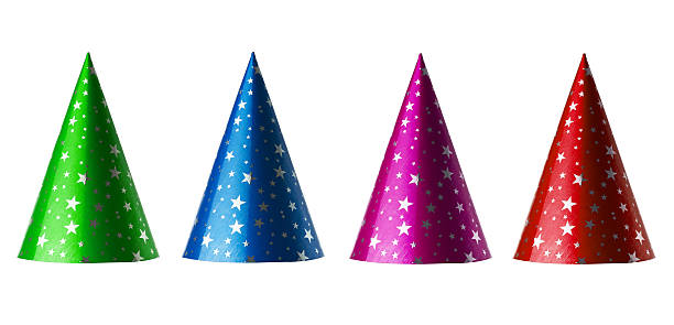 Colorful party hats Set of party hats isolated on white background with clipping path for each one cone shape photos stock pictures, royalty-free photos & images
