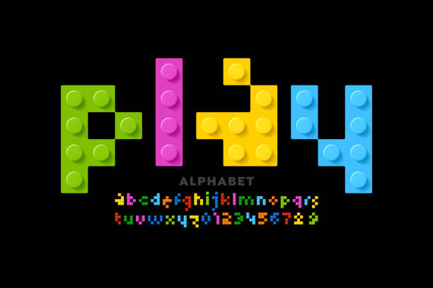 ilustrações, clipart, desenhos animados e ícones de fonte de blocos de construção de plástico, letras do alfabeto de brinquedo e ilustração vetorial de números - three dimensional shape alphabetical order alphabet text