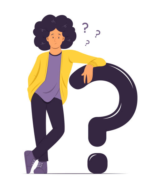 Man Leaning Against a Question Mark and Thinking. Man leaning against a question mark and thinking question. groups of teens stock illustrations